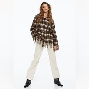 H&M fringe- trimmed shacket. Dark brown/plaid. Size M. NWT